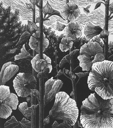 Black and white linocut depicting stylized hollyhocks in various stages of bloom and bud, with a bee in flight, set against a background of foliage and a lightly hatched sky.