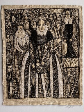 Embroidered textile artwork featuring a central figure in a black and white striped dress and elaborate white collar, holding a smaller figure, surrounded by stylized figures with minimalist facial features and elaborate clothing, all created with black embroidery thread on a beige linen background.