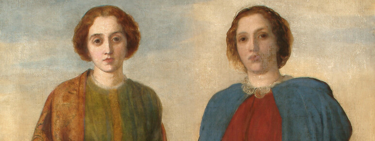 A classical painting in warm earthy tones depicting two figures. The left figure is wrapped in a mustard yellow and green robe, while the right figure wears a vibrant red dress and a striking blue cape, both against a neutral background.