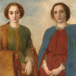 A classical painting in warm earthy tones depicting two figures. The left figure is wrapped in a mustard yellow and green robe, while the right figure wears a vibrant red dress and a striking blue cape, both against a neutral background.