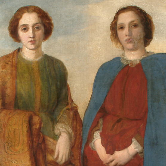 A classical painting in warm earthy tones depicting two figures. The left figure is wrapped in a mustard yellow and green robe, while the right figure wears a vibrant red dress and a striking blue cape, both against a neutral background.