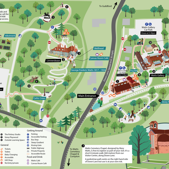 Graphic of Watts Gallery Map. It is a digital illustration of the Watts Gallery site, featuring fun, contemporary illustrations of the Watts Gallery buildings including Limnerslease: G F and Mary Watts's home, Watts Gallery, The Tea Shop or cafe, the shop and the Watts Cemetery Chapel. It details the pathways between each building, accessible routes and where the car parks are located. There is a key in the bottom left hand side which lists the names of all the buildings and amenities.