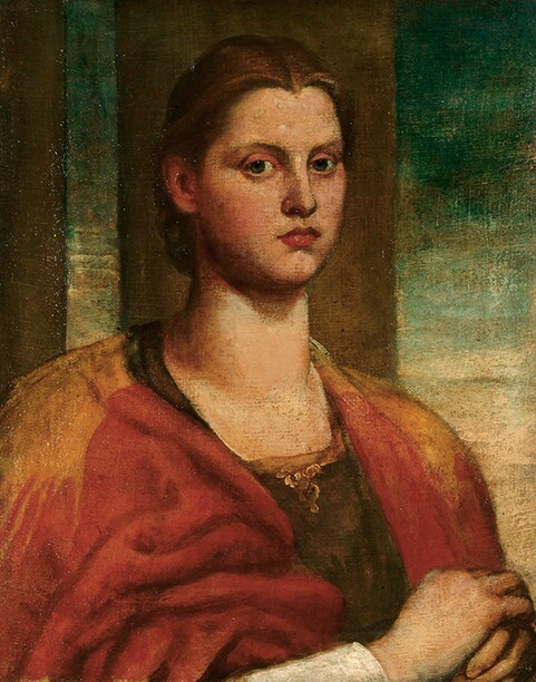 Portrait of women wearing red robe looking at viewer