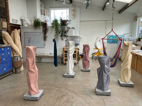 Four sculptural columns in Halima's studio