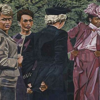 Coloured pencil drawings of four women, two look straight at the viewer, while one is faces away and the fourth looks to the side