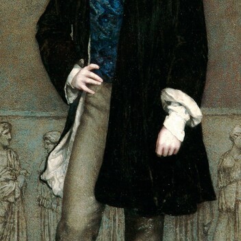 A full-length portrait of a young G F Watts, clean shaven and wearing a blue waistcoat and black overcoat