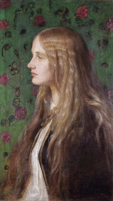 Side profile portrait painting of a young woman with long blonde wavy hair with a green wallpaper background