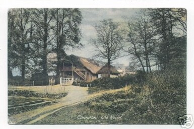 A colour photograph of the entrance of Watts Gallery, this photograph includes what is now the visitor centre surrounded by tall trees and a long path winding up to the entrance of the building