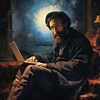 AI generated image of George Frederic Watts sitting at a laptop