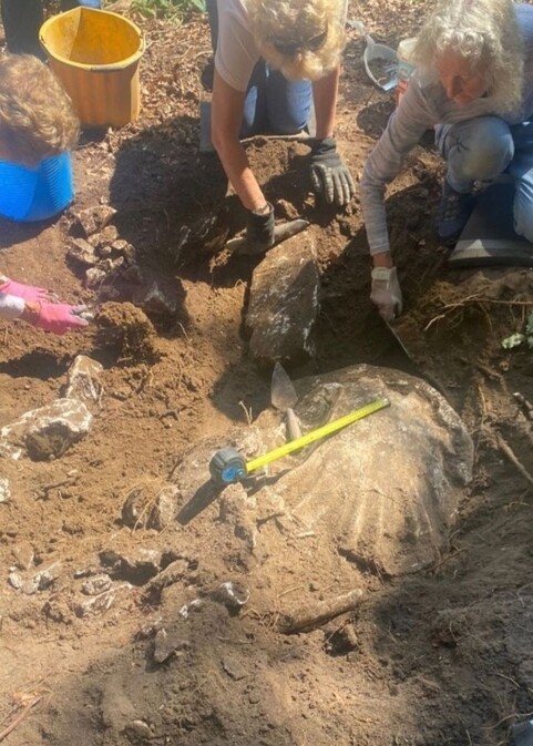 Photo of the gardening volunteers at Watts Gallery uncovering old pottery moulds