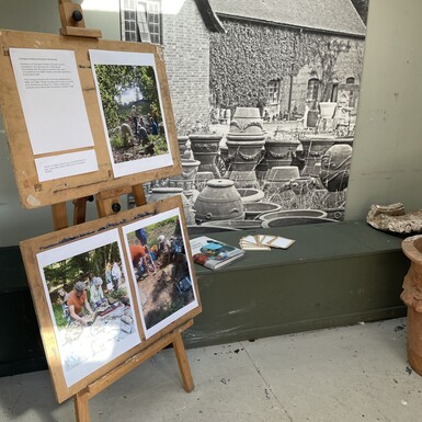 Photo of a display of the Compton Pottery moulds in the Artist in Residence studio at Watts Gallery