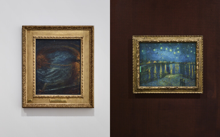 Two photos next to each other. The first one is a photo of the painting The Sower of the Systems by G F Watts. The one on the right is Vincent Van Gogh’s Starry Night Over the Rhône