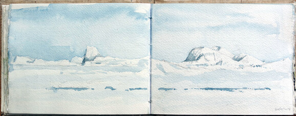 Watercolour painting of the landscape in the Arctic