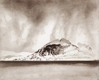 Etching of a mountain in snow