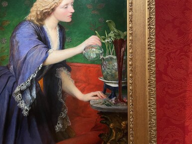 Close-up image of Mrs Nassau by G F Watts. The image focuses on the sitter watering a pot plant to the right hand side of the painting.