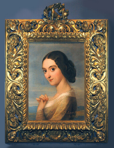 Portrait of Mary Augusta, Lady Holland, a young woman with dark brown hair looking directly at the viewer playing with the pearl necklace she's wearing