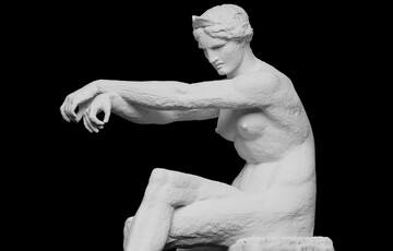 Black and white 3d model of sculpture, featuring a nude women sitting down