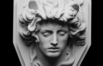 Black and white image of a 3D scan, the sculpture depicts Medusa, with her eyes closed and snakes in her hair