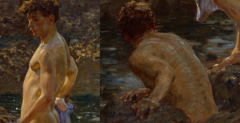 Close ups of Tuke's oil painting of bathing men