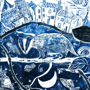 blue and white screenprint of a badger