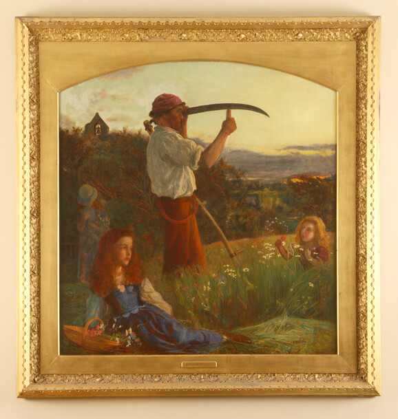 Oil on canvas depicting a man mowing grass