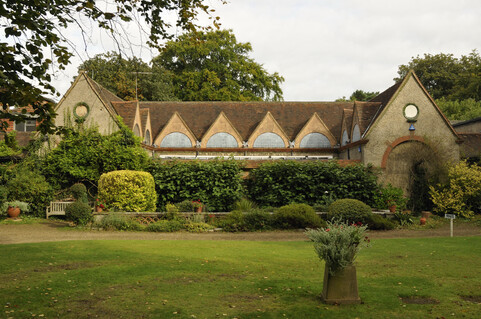 The gallery exterior features overgrown plants, the building has triangular roofs