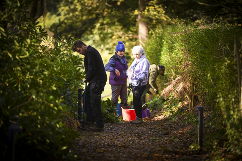 A group of volunteers tend to the Watts Gallery grounds, two watch on as a third digs into the ground