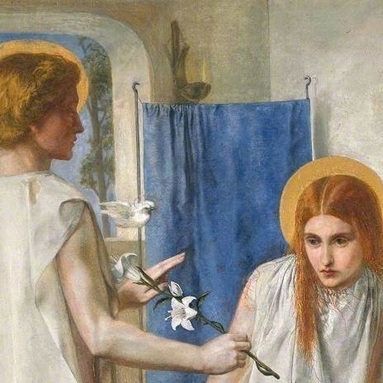 A painting of a young man offering a white lily to a young woman crouching in front of him, they both wear white robes and have gold halos around their heads