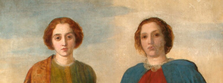 A painting of two women standing together, one in a red dress and blue cape and the other in a green dress and orange sari