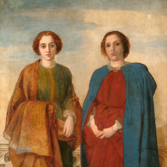 A painting of two women standing together, one in a red dress and blue cape and the other in a green dress and orange sari