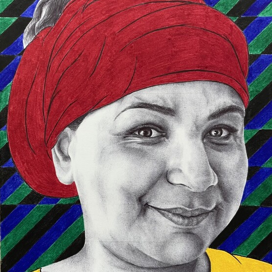 A pen drawing of a woman with her hair wrapped in red cloth wearing a yellow shirt, there is a blue, green and black background
