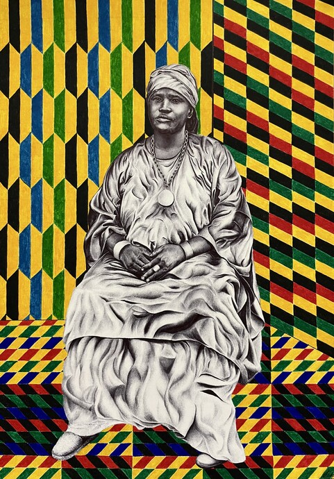 Pen drawing of a woman sat down with a colourful green, yellow, blue, red and black clock colour background