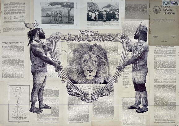 A pen drawing of two men holding up a plaque containing a lion, the drawings has been done on a collage of book pages