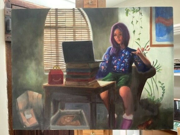 An oil painting of a young woman with purple hair sat on a chair next to a table, on it a laptop is balanced on top of several books, and a MacDonalds happy meal box sits next to it.