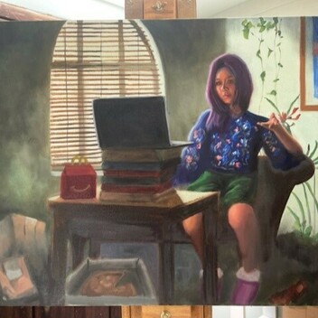 An oil painting of a young woman with purple hair sat on a chair next to a table, on it a laptop is balanced on top of several books, and a MacDonalds happy meal box sits next to it.