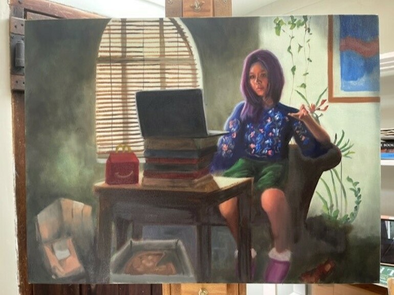 An oil painting of a young woman with purple hair sat on a chair next to a table, on it a laptop is balanced on top of several books, and a MacDonalds happy meal box sits next to it.