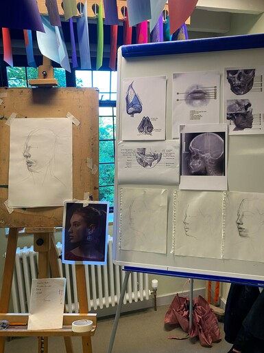 An easel with a half finished portrait sketch stands next to a whiteboard covered with examples of anatomy