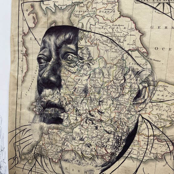 Pen drawing of an elderly man wearing a hat drawn on a map of England