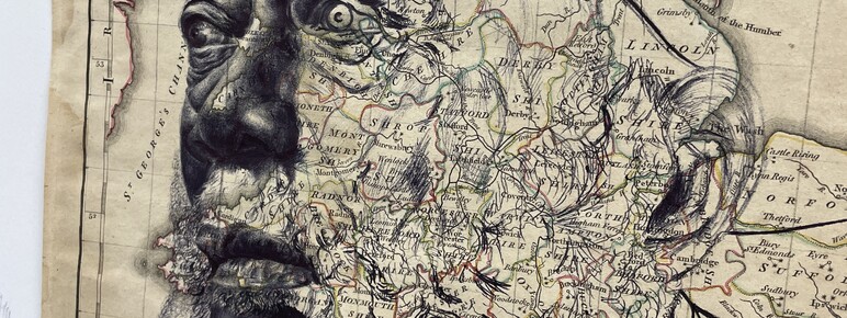 Pen drawing of an elderly man wearing a hat drawn on a map of England
