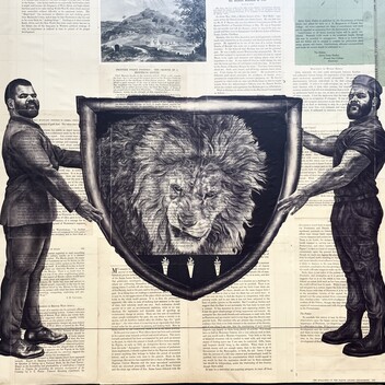 A biro drawing on pages from an old book. Two men, one in a suit and one wearing a labourers outfit, both modelled on artist Habib Hajallie, hold up a a plaque depicting a grizzled, angry lion.