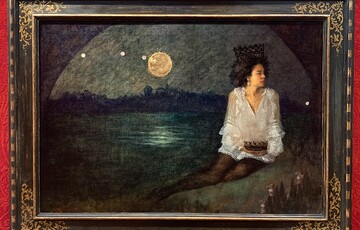 A painting of a woman sitting by a river underneath a bridge in the style of G F Watts' Found Drowned