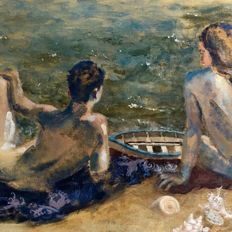 Two nude figures on the beach with a small boat and sea
