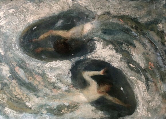 Oil on linen depicting jellyfish-like swimming men