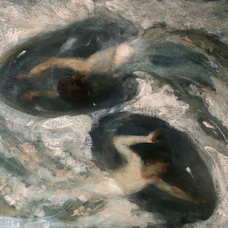 Oil on linen depicting jellyfish-like swimming men