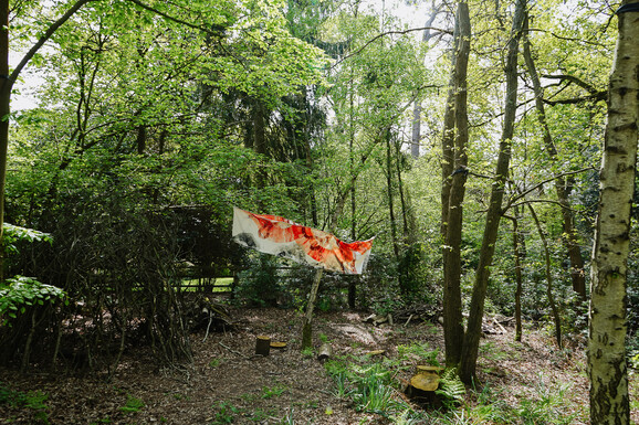 Photo of an abstract sculpture suspended in between trees in a woodland, made from canvas, featuring expressive orange paint marks