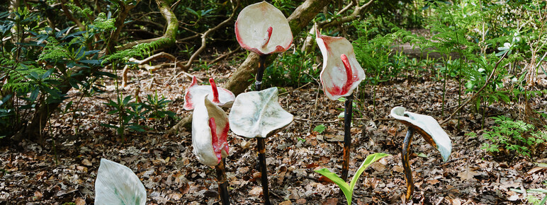 Photo of ceramic peace lily sculptures situated in a woodland setting, coming out of the ground