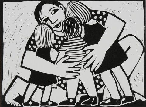 Print of crouched woman hugging three children