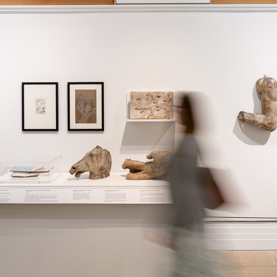 A blurred figure walks past a display in the Fragmented Legacy exhibition