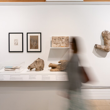 A blurred figure walks past a display in the Fragmented Legacy exhibition