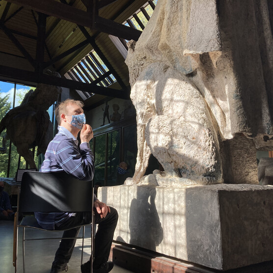 Chris Pavia in the sculpture gallery during the filming of Beyond the Waves